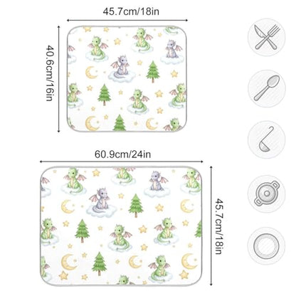 Cartoon Dragons Tree Star Dish Drying Mat for Kitchen Counter Super Absorbent Draining Mat with Non-slip Backed Sink Tray Mat for Sinks Countertops Draining Racks Dish Bottles Cups Bowl