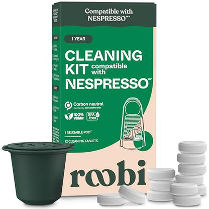 Roobi Cleaning Pods Compatible with Nespresso. Includes 1 Reusable Pod & 12 Cleaning Tablets. Specially Formulated for Originaline Machines. 1 Year Supply. - style: Cleaning Pods