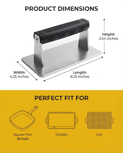 Stainless Steel Burger Smasher 2.50 LB 8x4.25 Inch Steak Weight for Smash Burgers, Bacon, Sandwiches | Dishwasher Safe, Preheatable Protein Press with Silicone Handle | Commercial BBQ Tool - size: 8 x 4.25"