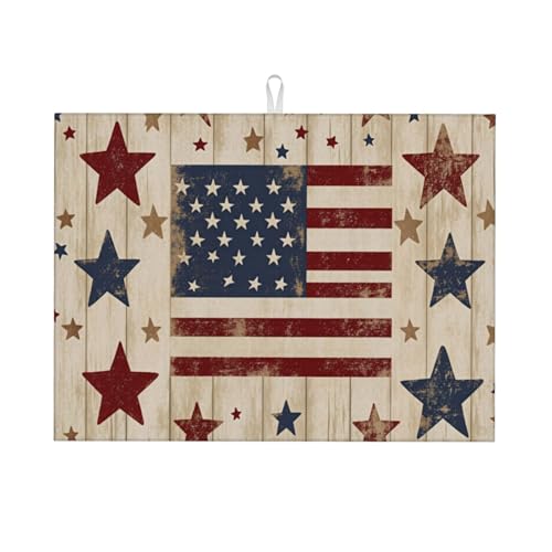 American Flag Stars Wood Microfiber Dish Drying Mat 18x24 Inch - Absorbent Non-Slip & Quick Dry Kitchen Counter Dish Drainer Pad, Rustic Farmhouse Style - color: American Flag Stars Wood