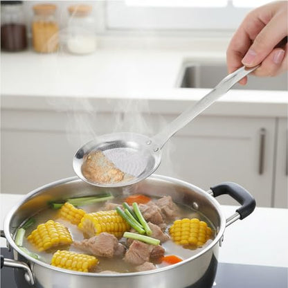 Fine Mesh Stainless Steel Colander Flat Hot Pot Fat Skimmer Fine Mesh Strainer Slotted Spoons with Handle Sieve Fines Meshes Colander Spoon Strainer for Kitchen Baking Oil Filter Kitchen Gadgets