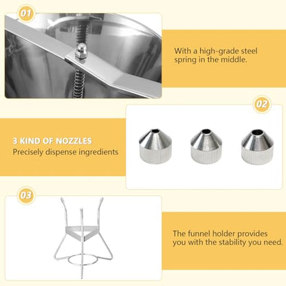 MYFULLY Confectionery Funnel with Stand | Stainless Steel Commercial Grade Cake Decorating Tool with Three Nozzles for Commercial Home Use