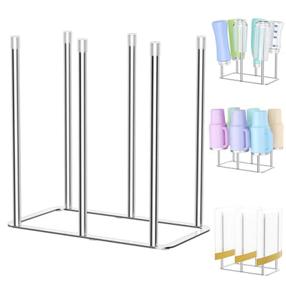 Water Bottle Drying Rack Reusable Bottle Rack Dryer Kitchen Stand Holder Metal Countertop Baby Bottle Drying Rack Water Cup Drying Rack for Plastic Bags, Bottles and Cups (Sliver, Large) - size: Large