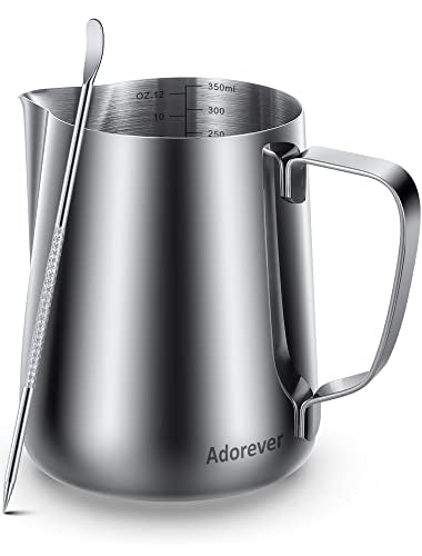 Milk Frothing Pitcher, 8.5oz/12oz/20oz/32oz/50oz/66oz Milk Frother Cup Stainless Steel, Espresso Accessories, Milk Steaming Pitchers Coffee Cappuccino Latte Art Barista Milk Jug Cup with Art Pen,12oz - color: A Silver, size: 12 Ounces