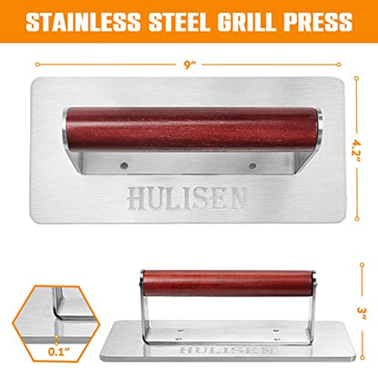HULISEN Stainless Steel Bacon Press, 9 Inch Large Heavy Duty Burger Press with Wood Handle, Non-stick Grill Press for Griddle, Steak Weight Griddle BBQ Accessories for Panini, Sandwiches, Gift Package - size: 9 Inch Long Press