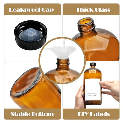 Maredash 32 oz Amber Glass Bottles – 4-Pack,Brown Glass Bottles, 2 Funnels, 8 Labels & Pen – Reusable Containers for Essential Oils, DIY Cleaning, Beer, Kombucha Storage