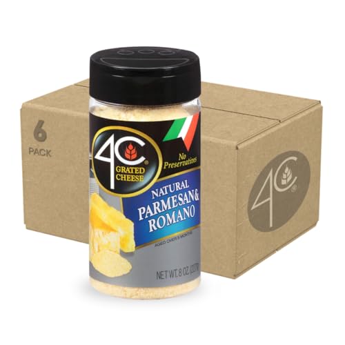4C Grated Parmesan Romano Cheese Cannisters, 6 Pack, All Natural Premium, No Preservatives, Perfect for Italian Pastas, Lasagnas, Popcorn and More - size: 8 Ounce (Pack of 6)