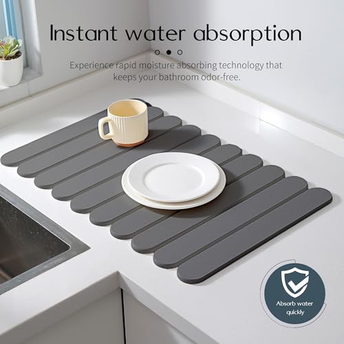 24"×16" Grey Stone Dish Drying Mats for Kitchen Counter, Large Quick Dry Collapsible Eco-Friendly Super Absorbent Diatomaceous Earth Heat-resistant Mat for Dishes Bottles Cups, Match Any Countertop - color: Dark Gray