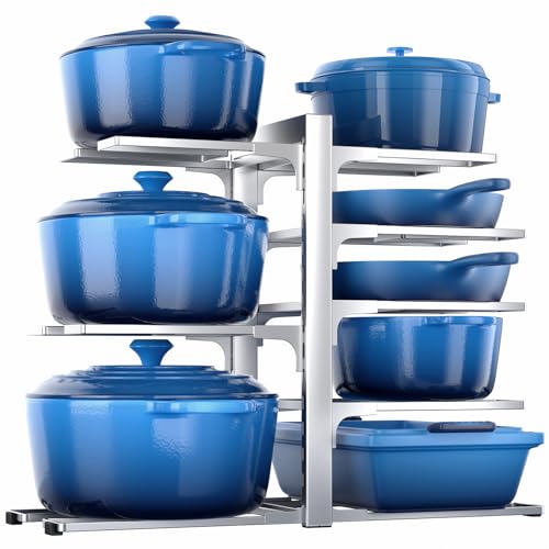 ORDORA Pots and Pans Organizer Rack for Cabinet, 15.83" Height 8-Tier Heavy Duty 120LBS Pot Pan Organizer under Cabinet Adjustable for Cast-iron Pan, Heavy Skillets Griddles, Shallow Pot, Silver - style: M-15.83"H-HeavyDuty-Sliver