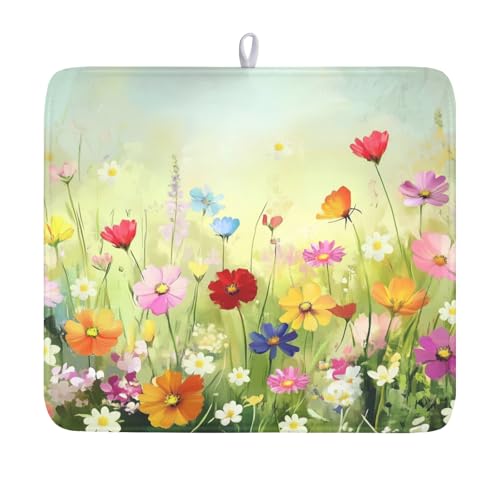 Spring Summer Daisy Dish Drying Mat 16 x 18 Inch Colourful Floral Pattern Dish Drainer Rack Mat Absorbent Microfiber Mats Holiday Dish Pad for Kitchen Coffee Dining Bar Decor - color: Colorful Floral, size: 16" x 18"