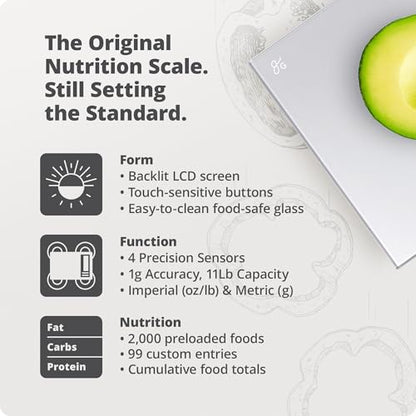 Greater Goods Food Scale with Nutrition Calculator, Non Connected Calorie Scale for Meal Prep, Weight Loss, 2000 Pre-Loaded Food Codes, Compact Kitchen Scale, Battery Operated, 11lb Capacity, Silver - color: Pearl Gray