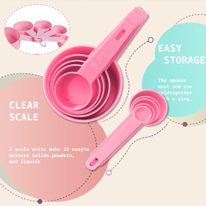 Inmorven 10pcs Measuring Cups and Spoons Set, BPA-Free Plastic Kitchen Baking Tools with Engraved Markings, Stackable Design for Dry & Liquid Ingredients (Pink) - color: Pink