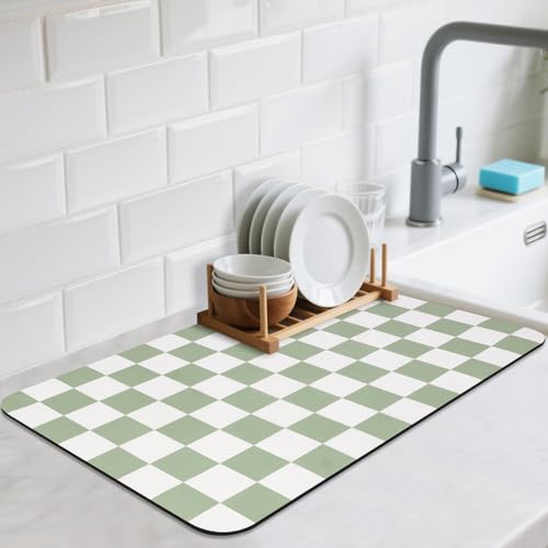 CooRug Checkered Dish Drying Mat for Kitchen Counter, Absorbent Non-Slip Coffee Mat, Heat Resistant Mat for Countertops Coffee Bar Decor 12" x 20" Green - size: 12" x 20"