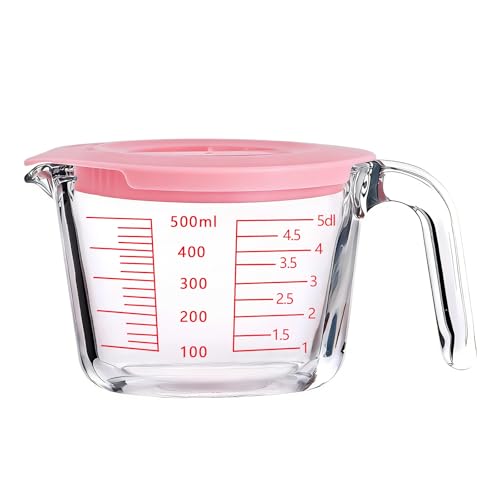Glass Measuring Cups with Lids Set, Borosilicate Glass V-Shaped Spout Microwave Safe Scales Milk Cup for Cooking Baking (Pink, 2CUP) - color: Pink