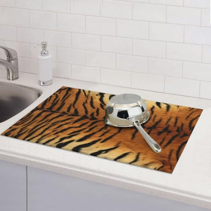 Tiger Print Dish Drying Mat Wildlife Tiger Skin Animals Brown Black Drying Rack Pad Countertop Dishes Ultra Absorbent Microfiber Kitchen Counter Mat 18x24 Inch - color: Brown Black