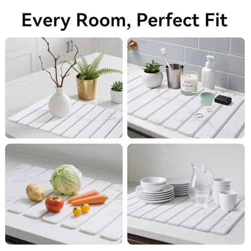 Stone Drying Mat for Kitchen Counter, 24"(L)×16"(W), Drying Matt Kitchen Counter, Stone Dish Drying Mat, Foldable Diatomaceous Earth Mat - color: White