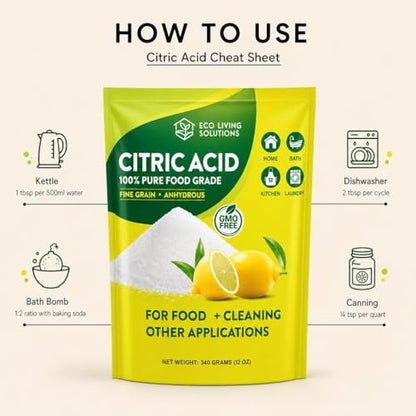 Eco Living Solutions 100% Citric Acid Powder - Food Grade | Citric Acid For Cleaning & Bath Bombs | Great For Cooking & Canning | Fragrance Free | Dishwasher Safe (12 oz)