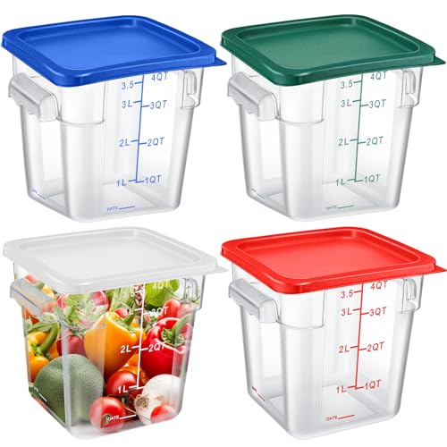Maxcheck 4 Pcs 4qt Food Storage Container with Lids Bulk Clear Plastic Commercial Food Storage Bins with Scale Handle Space Saving Restaurant Tubs for Kitchen Prep Proof Dough(Multicolor) - color: Multicolor