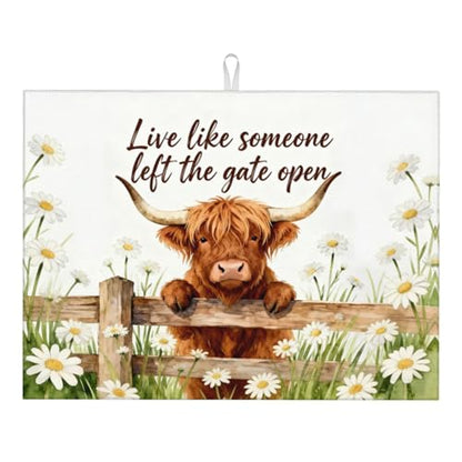 Highland Cow Dish Drying Mat, for Farmhouse Kitchen Counter Microfiber Absorbent, Funny Dish Draining Mat Extra Large 18"x24" - color: Highland Cow