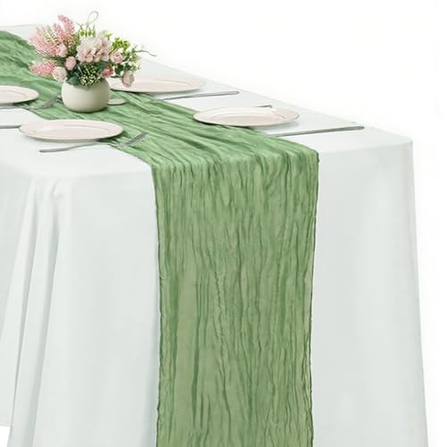 New Sage Green Cheesecloth Table Runner -21*120Inch Long Boho Wedding Table Decor, Rustic Gauze Fabric Runner for Bridal Showers, Baby Showers & Parties (Sheer, Lightweight, Wrinkled Design) - color: New Sage Green, size: 120*21-1pack