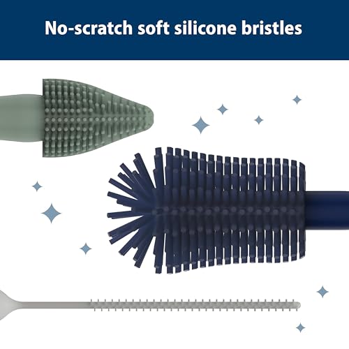 Dr. Brown's Silicone Cleaning Brush Set with Bottle, Spout, and Straw Brush, 3-Pack + Baby Bottle Sponge Brush, Blue, 3-Pack - color: Silicone Brush Set + Blue Brush, 3-pack, size: Compact