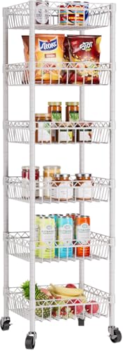 Golpart Basket Shelves Closet Rack with Wheels Metal Pantry Wire Shelf Unit | 6 tier Storage Rolling Shelving Bathroom Organizers Kitchen Garage Laundry Room Organization Home 13.6"Dx13.6"Wx63"H White - color: White, size: 6-tier-[13.6"Dx13.6"Wx63"H]