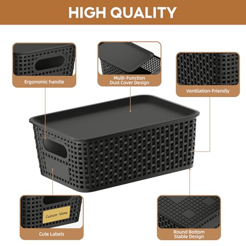 8 Pcs Plastic Storage Baskets with Plastic Lids and Labels 5.29qt Stackable Box Basket Pantry Decorative Containers, Small Storage Bins for Shelves Drawers Closets Bedrooms Office Cabinets 10*7.2*4.1" - style: Black-Plastic Lid