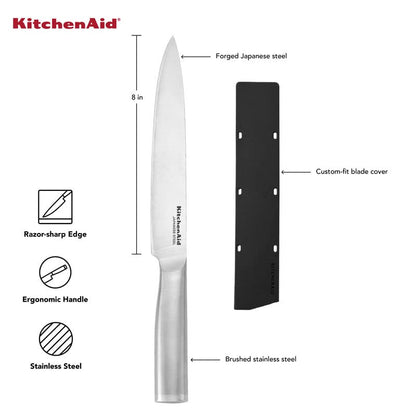 KitchenAid Gourmet Forged Slicer Knife with Custom-Fit Blade Cover, 8-inch, Sharp Kitchen Knife, Japanese Stainless Steel Blade, Brushed Stainless Steel Handle - style: 8-Inch Slicer Knife