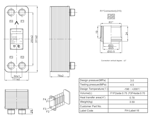 Female Thread Plate Wort Chiller Version 0.78m2 Heat Transfer Areas 30 Plates 316L Stainless Steel Brazed Plate Heat Exchanger with R1 Fitting