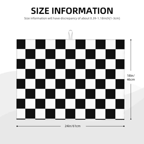 Black White Checkered Dish Drying Mat for Kitchen Counter, Coffee Bar Accessories, Retro Classic Plaid Pattern Absorbent Coffee Mat Kitchen Drying Mat Easy Clean 18" x 24" - color: Black White Race Checkered Flag Calibration Chess Grid