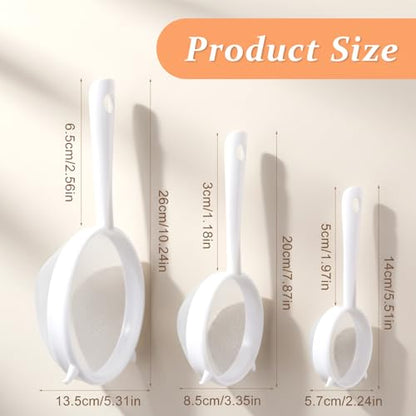 3 PCS Plastic Fine Mesh Strainer Set with Handle, Nylon Sieve Fine Food Mesh Colander with Double Ear for Baking Kitchen Yogurt Tea Juice Coffee Honey Milk Pasta