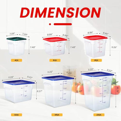4 Pack 6 Qt Square Polycarbonate Food Storage Containers with Lids | Clear BPA-free PC with lids, side handles, measurement scale and stackable design; for food prep, storage and freezer use. - color: 6Qt