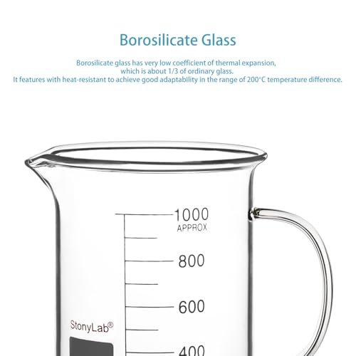 stonylab Glass Beaker with Handle, Borosilicate Glass Graduated Low Form Griffin Beaker with Handle and Pouring Spout, 1000 ml - size: 1000 ml