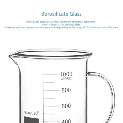 stonylab Glass Beaker with Handle, Borosilicate Glass Graduated Low Form Griffin Beaker with Handle and Pouring Spout, 1000 ml - size: 1000 ml