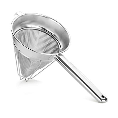 New Star Foodservice Reinforced Bouillon Strainer, 8-Inch, Fine Mesh, 18/8 Stainless Steel, Commercial Kitchen Strainer for Stocks, Sauces, Soups, and Purees - size: 8-Inch