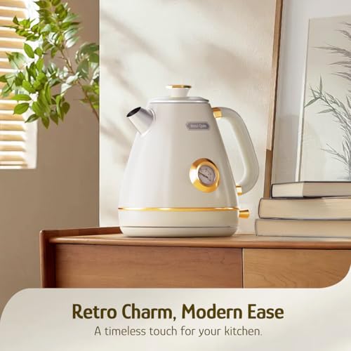 Hazel Quinn Retro Electric Kettle - 1.7 Liters / 57.5 Ounces Tea Kettle with Thermometer, All Stainless Steel, 1200 Watts Fast Boiling, BPA-free, Cordless, Automatic Shut Off - Pearl White - color: Pearl White