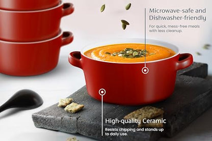 Kook Soup Crocks, Ceramic Stackable Bowls, Broil, Oven, Microwave and Dishwasher Safe, with Handles, For Casserole, Pasta, Cereal, Capacity 18 oz, Set of 4, (Matte Red) - color: Matte Red
