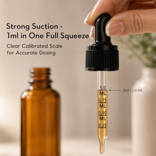 PrettyCare 4 Pack 1 oz Amber Glass Dropper Bottle with Black Cap, 30ml Tincture Bottles with Graduated Droppers - Small Eye Dropper Bottles for Essential Oils, Beauty & Travel - color: 1oz Amber with Black Cap, style: 4 Pack