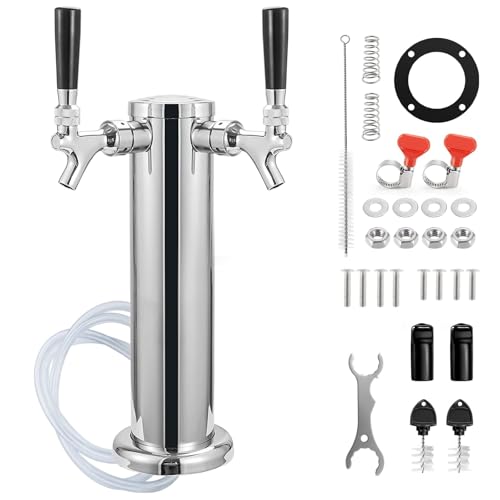MRbrew Dual Tap Draft Beer Tower, SS 3'' Kegerator Tower & Stainless Core Self-Closing Faucet Pre-assembled Keg Tower Support Countertop and Kegerator Installation for Home, Bar, Party Beer Dispenser