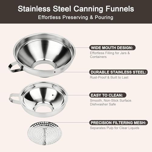 Canning Funnel with Strainer, Wide Mouth Funnels for Filling Wide and Regular Mason Jars Three-Piece Set, Food Grade Stainless Steel Canning Supplies for Kitchen Use (Silvery) - color: silvery