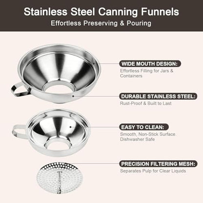 Canning Funnel with Strainer, Wide Mouth Funnels for Filling Wide and Regular Mason Jars Three-Piece Set, Food Grade Stainless Steel Canning Supplies for Kitchen Use (Silvery) - color: silvery
