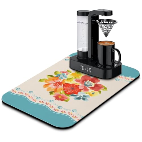 Washable Non-Slip Pioneer Flower Dish Drying Mats,Super Absorbent Quick Drying Mat For Kitchen Counter Home Large Coffee Bar Pad Accessories And Decor 19.5''x12'' (Deep Blue Red Flower, 19.5*12) - color: Deep Blue Red Flower, size: 19.5" x 19.5"