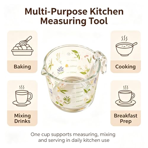 Glass Measuring Cup with Handle & Pour Spout, 500ml Glass Decorative Measuring Beaker Cup with Precise Markings, Floral Print Measuring Cup for Baking, Cooking, Mixing (Microwave & Dishwasher Safe)