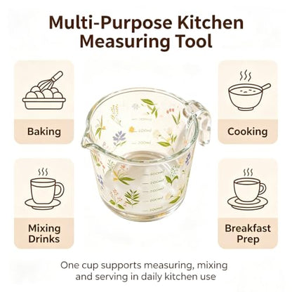 Glass Measuring Cup with Handle & Pour Spout, 500ml Glass Decorative Measuring Beaker Cup with Precise Markings, Floral Print Measuring Cup for Baking, Cooking, Mixing (Microwave & Dishwasher Safe)
