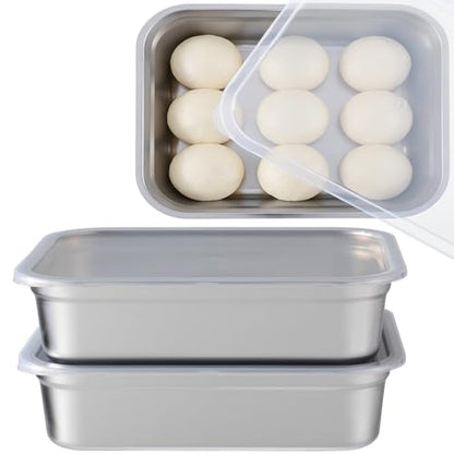 2 Pack Pizza Dough Proofing Box, Stackable Stainless Steel Bread Proofing Box and Dough Container with Lid, 12.6 * 10.2 Inch Food Storage Box Container, Large Capacity Pizza Dough Storage Container
