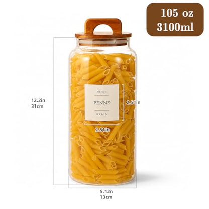 2 Pack Large Glass Flour and Sugar Containers with 132 Pantry Labels - 105 FL OZ Glass Canisters with Bamboo Airtight Lids - Farmhouse Kitchen Glass Pantry Jars for Cookie, Rice, Pasta, Cereal, Salt - size: 105OZ-2 Pack