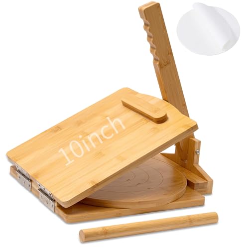 NEW Wooden Corn Tortilla Press,10 Inch Corn Tortilla Press, Built-In Rotating Disc Double Press, Comes With 50 Sheets Of Parchment Paper And A Rolling Pin, Suitable For Making Pancake, Chicken Wrap