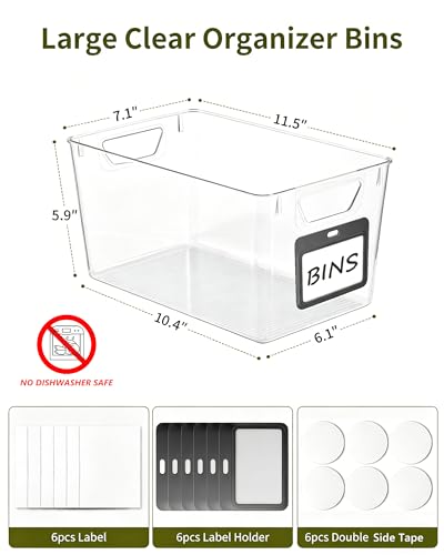 iCASA 6 Pack Clear Plastic Storage Bins with Labels for Pantry Organization | Large Clear Bins for Organizing, Ideal for Shelves, Cabinet, Under Sink, Laundry, Closet, Kitchen, Fridge, Bathroom Organizer