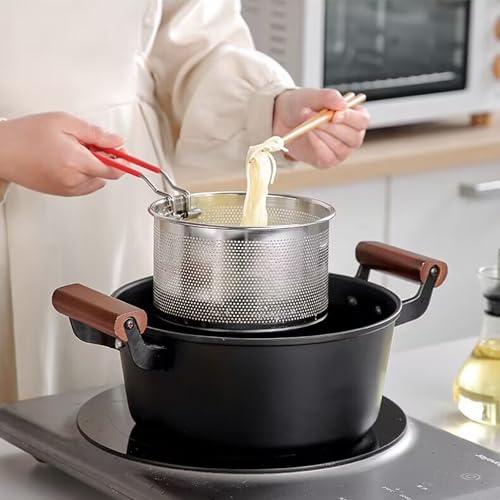 Pasta Strainer Set of 2, Stainless Steel Noodle Strainer, One with a Removable Handle, One without a Handle; Metal Pasta Strainer for Washing, Draining, Deep-frying, Boiling, and Steaming