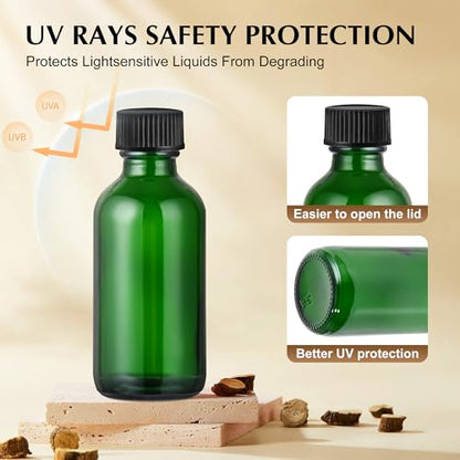 Small Glass Bottles with Lids Boston Round Shot Bottles for Health, Immunity, Ginger Juice, Essential Oils, Potion - Leak Proof Mini Travel Containers (Green UV, 2oz-48Pack) - color: Green UV, size: 2oz-48Pack